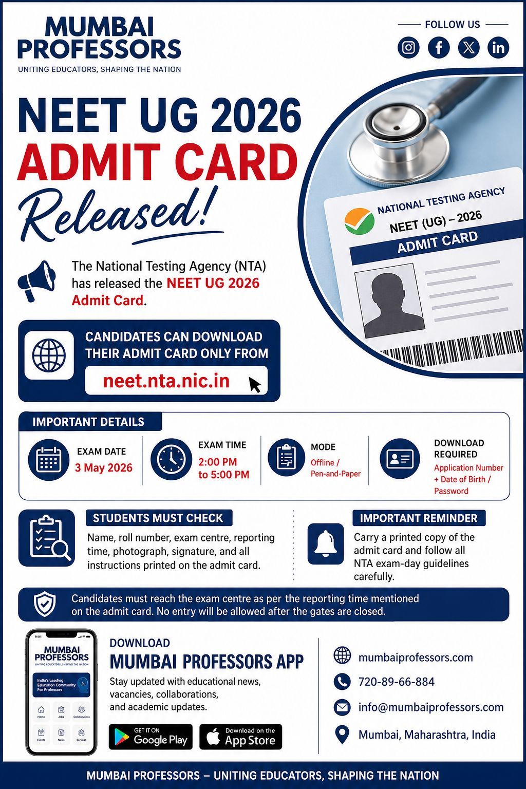 🚨NEET-UG 2026 ADMIT CARD