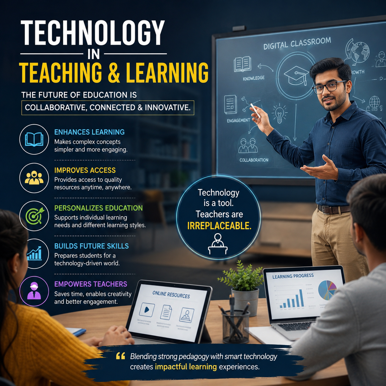 Technology in Teaching: A Tool, Not a Substitute

Technology is no longer an option in education—it has become an essential part of effective teaching and meaningful learning.

When used wisely, digital tools can simplify complex concepts, improve student engagement, provide access to diverse learning resources, and support personalized learning experiences. They also help educators save time, monitor student progress, and create more interactive classrooms.

However, technology should never replace the teacher. A teacher's ability to inspire, mentor, develop critical thinking, and build human connections remains the foundation of quality education. The real strength of modern education lies in blending sound pedagogy with the intelligent use of technology.

As educators, our goal should be to use technology to enhance learning, not to become dependent on it.

I'd love to hear your perspective:

- Which technological tool has made the biggest difference in your teaching?
- What is the biggest challenge you face while integrating technology into the classroom?

Looking forward to an insightful discussion in the comments.